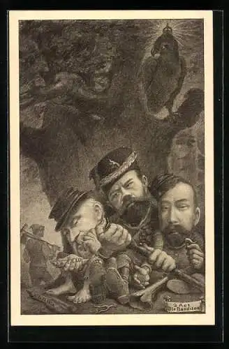 Künstler-AK Nikolaus II. von Russland, Poincaré und George V. warten vergebens auf den Deutschen Michel im Versteck