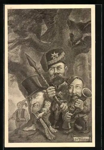 Künstler-AK Nikolaus II. von Russland, Poincaré und George V. wollen ihre Revanche am Deutschen Michel, Adler späht aus