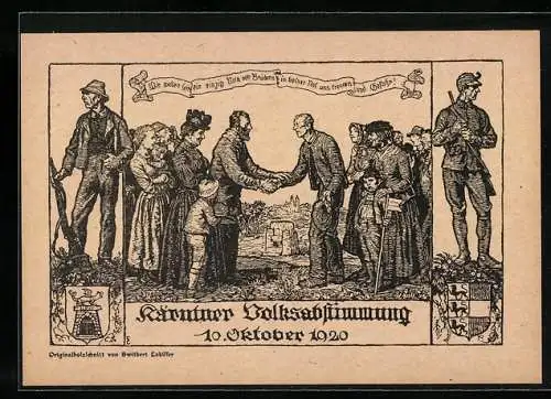 Künstler-AK Kärtner Volksabstimmung 10. Okt. 1920, Originalholzschnitt von Switbert Lobiller