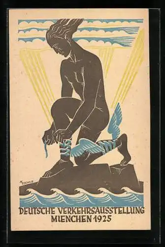 Künstler-AK München, Deutsche Verkehrs-Ausstellung 1925, Hermes, Ganzsache 5 Pfennige