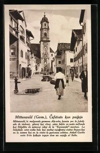 AK Mittenwald, Ortsansicht mit Strassenleben, Esperanto Text, Ganzsache 6 Pfennige