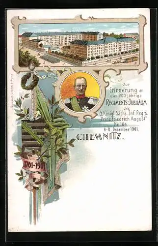 Lithographie Chemnitz, Kasernement des 5. Kgl. Sächs. Inf.-Regts. Prinz Friedrich August 104, Jubiläum 1901, Ganzsache