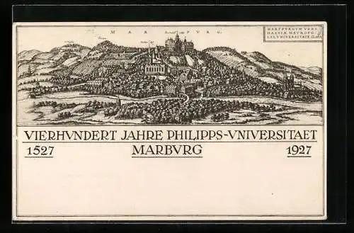 Künstler-AK Marburg, Ortsansicht, Vierhundert Jahre Philipps-Universität 1527-1927, Ganzsache 5 Pfg.