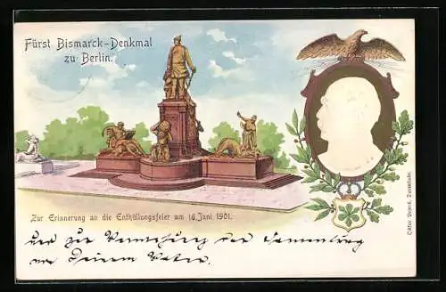 Lithographie Berlin, Fürst Bismarck-Denkmal, Erinnerung an Enthüllungsfeier am 16. Juni 1901, Ganzsache 5 Pfennige