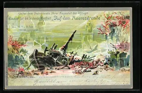 Künstler-Lithographie Dresden, Bazar für die leidende Kindheit 1900, Auf dem Meeresgrunde, Ganzsache 5 Pfennige