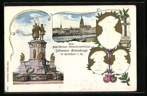 AK Ganzsache PP15D8: Frankfurt a. M., 500jähriger Geburtstag Johannes Gutenbergs 1900, Denkmal, Panorama der Stadt