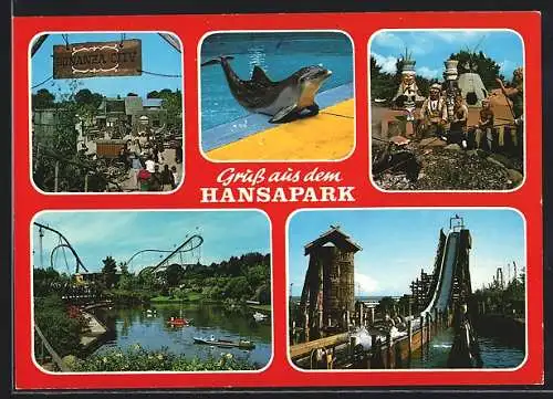 AK Sierksdorf, Hansapark, Bonanza City, Wildwasserrutsche, Achterbahn, Delphin-Dressur