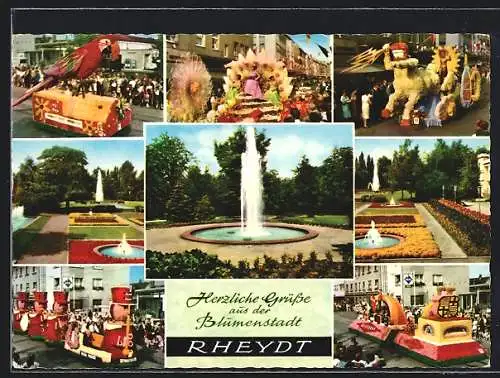 AK Rheydt, geschmückte Festwagen, Anlagen mit Fontänen