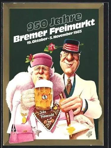 AK Bremen, 950 Jahre Bremer Freimarkt, 19.10.-03.11.1985, Hanseatin mit Fisch in der Handtasche