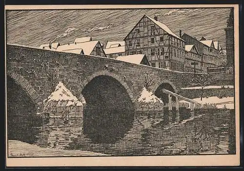 Künstler-AK Allendorf / Werra, Ortsansicht mit Werrabrücke