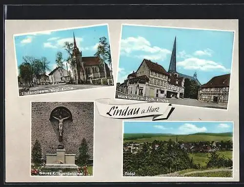 AK Lindau a. Harz, Lindenallee, Marktplatz und Kriegerdenkmal