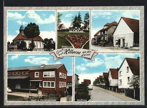 AK Hillerse / Northeim, Kirche, Ehrenmal, EDEKA-Markt und Siedlung