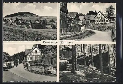 AK Bremke bei Göttingen, Strassenpartien mit Fachwerkhäusern und Jägerstein