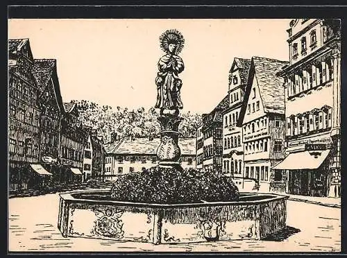 Künstler-AK Schwäbisch-Gmünd, Brunnen am Marktplatz