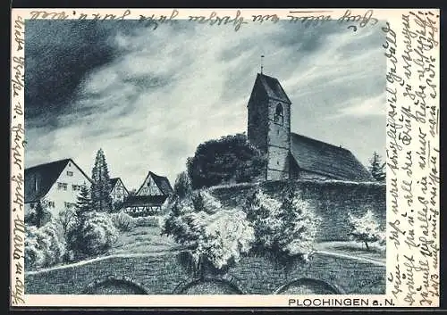 Künstler-AK Plochingen a. N., Blick auf den Ort mit Kirche