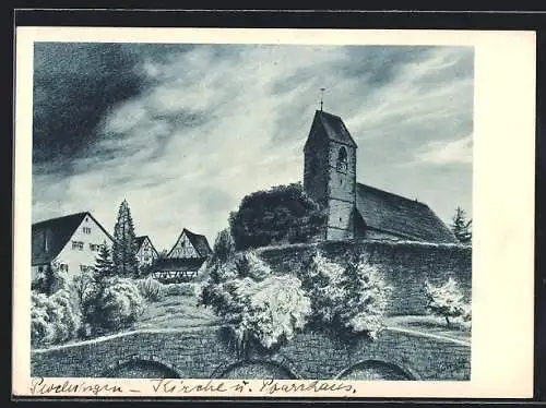 Künstler-AK Plochingen a. N., Blick auf den Ort mit Kirche
