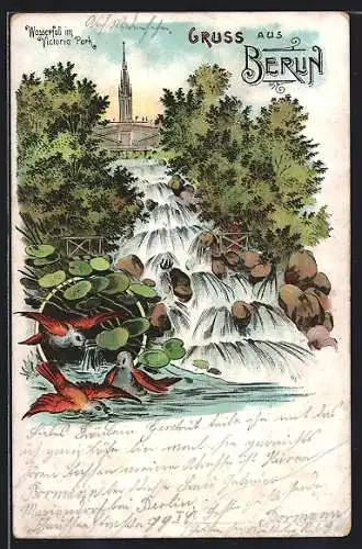 Lithographie Berlin-Kreuzberg, Wasserfall im Victoria-Park
