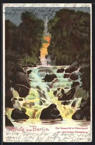 AK Berlin-Kreuzberg, Wasserfall im Victoriapark bei elektrischer Beleuchtung