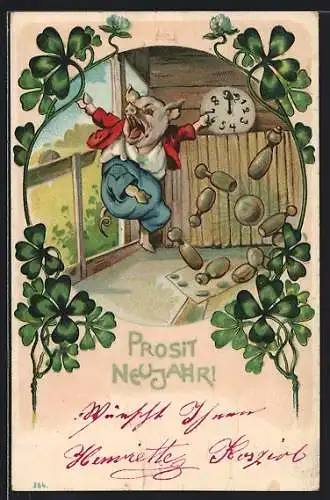 AK Prosit Neujahr, Kugel trifft beim Kegeln, Schwein und Uhr