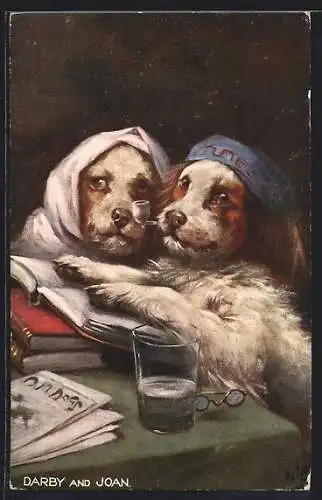 Künstler-AK Hund mit Pfeife in der Schnauze liest Buch