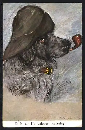 AK Süsser Hund mit Pfeife und Mütze