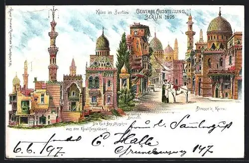 Lithographie Berlin, Gewerbe-Ausstellung in Berlin 1896, Strasse in Kairo, Kairo i.Berlin, 5 Ansichten