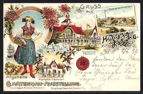 Lithographie Hamburg, Allgemeine Gartenbau-Ausstellung 1897, Eingangsthor, Blick auf den Stadtgraben