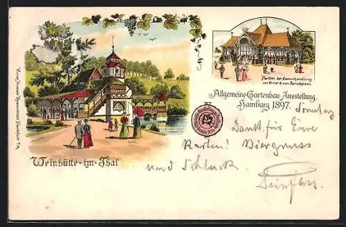 Lithographie Hamburg, Allg. Gartenbau-Ausstellung 1897, Gasthaus Weinhütte im Tal, Pavillon d. Samenhandlung Spreckelsen