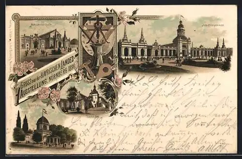 Lithographie Nürnberg, Bay. Landes-Ausstellung 1896, Weinhaus, Kunsthalle, Maschinenhalle, Industriegebäude, Blumen