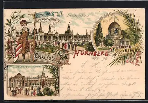 Lithographie Nürnberg, Bayr.-Landes-Ausstellung 1896, Industriegebäude, Kunstahlle, Staatl. Anstalten