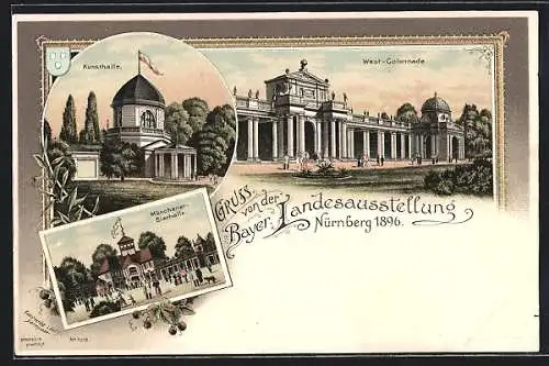 Lithographie Nürnberg, Bayer. Landesausstellung 1896, Kunsthalle, Münchener-Bierhalle, West-Colonnade