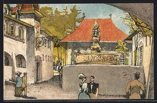 Künstler-AK Bern, Schweizerische Landesausstellung 1914, Strassenpartie mit Brunnen