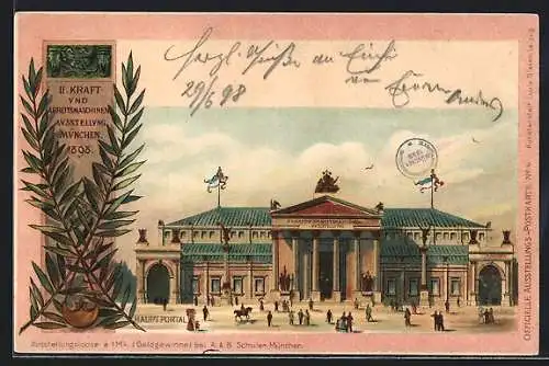 Lithographie München, II. Kraft und Arbeitsmaschinen-Ausstellung 1898, Hauptportal, Leute, gerahmte Ansicht