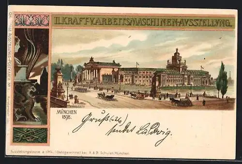 Lithographie München, II. Kraft-u. Arbeitsmaschinen-Ausstellung 1898, Kutschen, Leute, gerahmte Ansicht