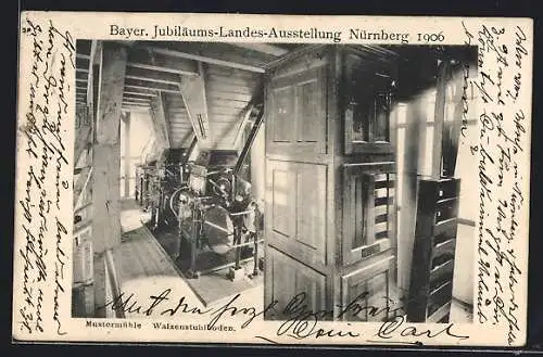 AK Nürnberg, Bayer. Jubiläums-Landes-Ausstellung 1906, Mustermühle, Walzenstuhlboden