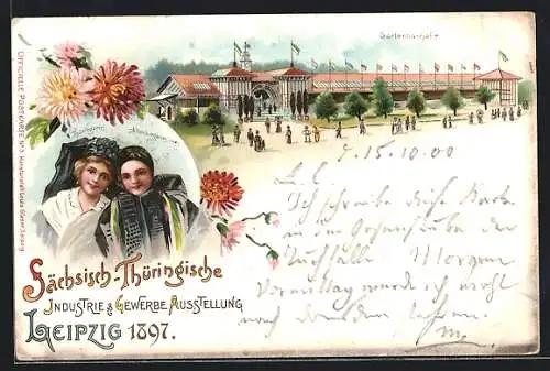 Lithographie Leipzig, Sächsisch-Thüringische Industrie-u. Gewerbeausstellung 1897, Gartenbauhalle, Frauen in Trachten
