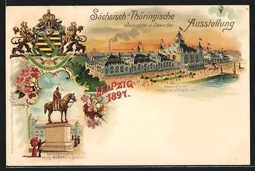 Lithographie Leipzig, Sächsisch-Thüringische Industrie-Gewerbe-Ausstellung 1897, Wappen, König-Albert-Denkmal