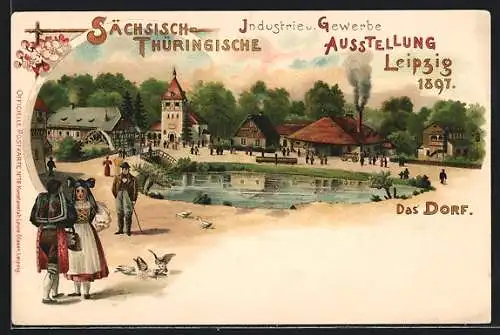 Lithographie Leipzig, Sächsisch-Thüringische Industrie- und Gewerbe-Ausstellung, das Dorf