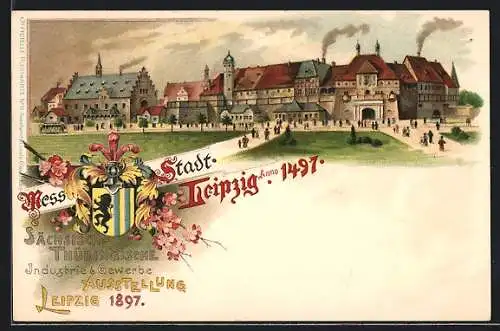 Lithographie Leipzig, Sächsisch-Thüringische Industrie- und Gewerbe-Ausstellung 1897, Ausstellungshallen mit Besuchern
