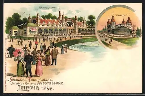 Lithographie Leipzig, Sächsisch-Thüringische Industrie-Gewerbe-Ausstellung 1897, Hauptrestaurant, Wiener Café