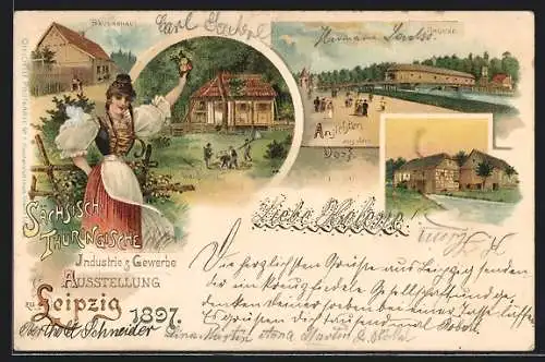 Lithographie Leipzig, Sächsisch-Thüringische Industrie-Gewerbe-Ausstellung 1897, Waldhütte