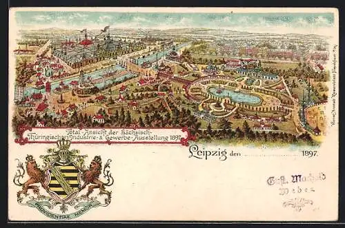 Lithographie Leipzig, Sächsich-Thüringischen-Industrie- & Gewerbe-Ausstellung 1897, Totalansicht Ausstellungsgelände