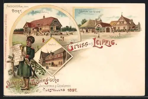 Lithographie Leipzig, Sächsisch-Thüringische Industrie- und Gewerbe-Ausstellung 1897, Gasthof, Mann verkündet Botschaft