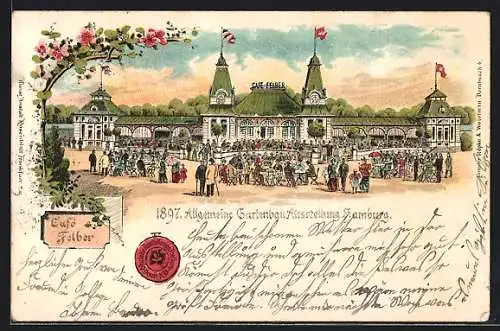 Lithographie Hamburg, Allgemeine Gartenbau Ausstellung 1897, Café Felber