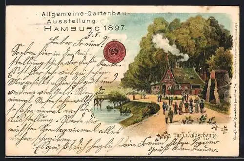 Lithographie Hamburg, Allgemeine Gartenbau-Ausstellung 1897, Zur Waldschenke