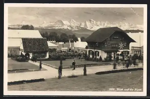 AK Bern, Schweizerische Ausstellung für Frauenarbeit 1928, Ortspartie mit Blick auf die Alpen