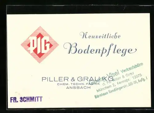 Vertreterkarte Ansbach, Piller & Grau KG, Chem. Techn. Fabrik, neuzeitliche Bodenpflege PIG