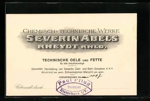 Vertreterkarte Rheydt i. Rhld, Chemisch-Technische Werke, Severin Abels, Technische Oele und Fette, Vertreter: P. Pflug