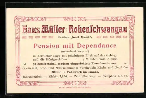 Vertreterkarte Hohenschwangau, pension Haus Müller, Inh. Josef Müller