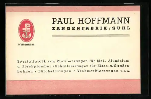 Vertreterkarte Suhl, Zangenfabrik Paul Hoffmann, Warenzeichen / Logo